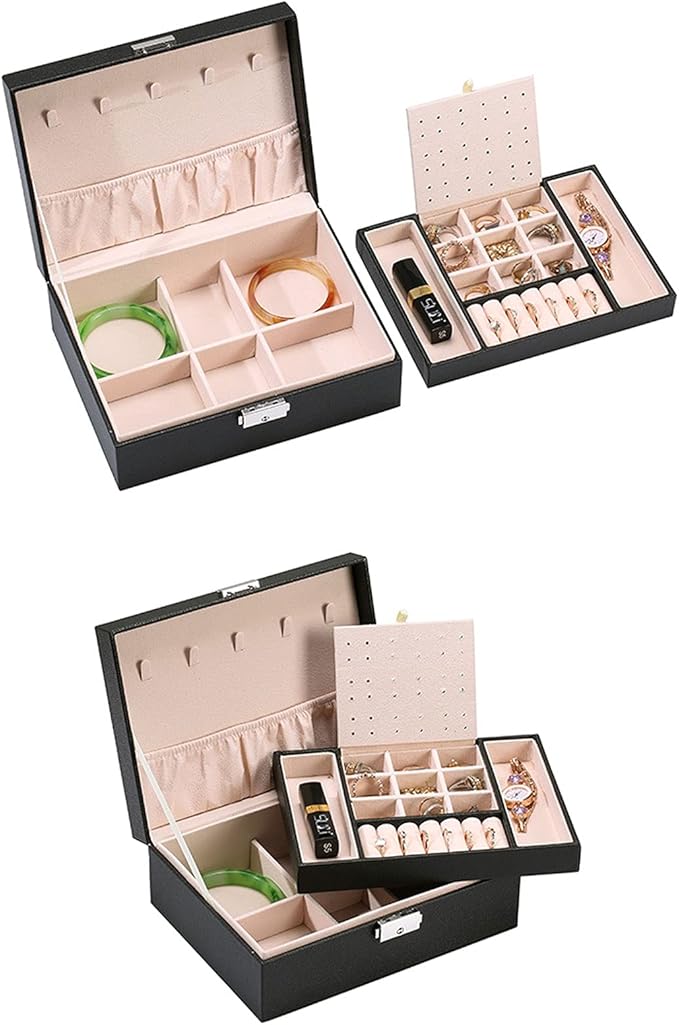Jewelry storage box Makeup Organizers Jewelry Box,Jewelry Box for Women Large Leather Jewelry Organizer Two Layers with Lock Display for Earrings Bracelets Rings Watches Jewelry Case (B)