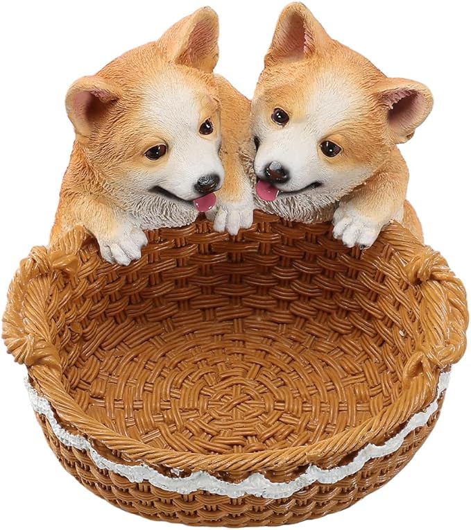 Dog Resin Storage Basket, Desktop Organizer for Remote & Keys, Cute Home Decor Tray, Ideal present for Pet Lovers.(Dual Corgi)
