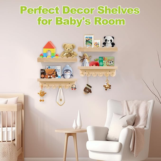 Floating Nursery Book Shelves for Wall, 16'' Wood Book Shelf for Baby Boys Girls Bedroom Bathroom and Décor Storage, Wall Shelf for Books, Plants, Toys, Photo Frames (Wooden, 4 Pack)