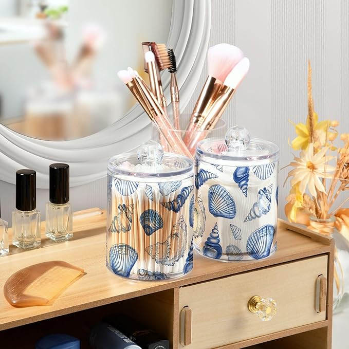 4 Pack Qtip Holder Dispenser Blue Seashells Ocean Nautical Coastal Cotton Ball Swab Round Pads Floss Clear Bathroom Storage Containers Plastic Apothecary Jars with Lids