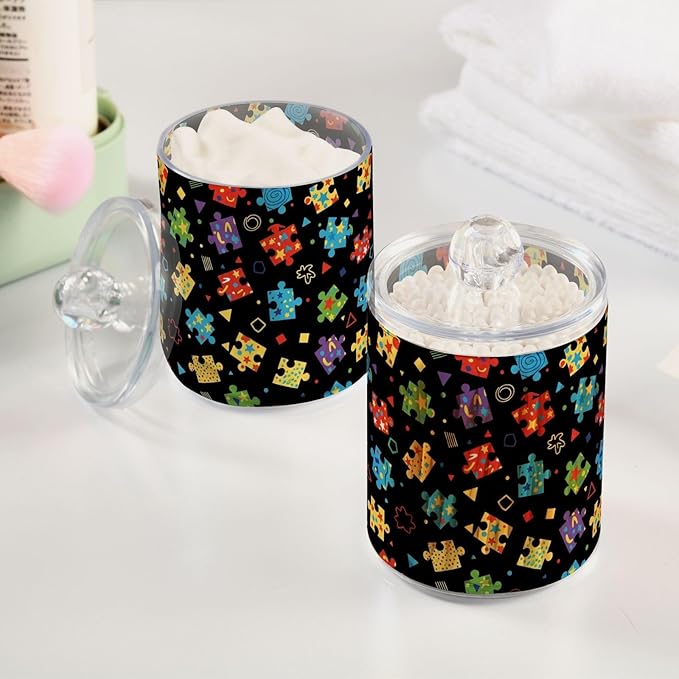 Puzzle Pieces Black Print Bathroom Containers Holder with Lids Set Clear Jars 2 Pack Plastic Makeup Storage Organizer 4.13 x 2.75In for Floss Picks Balls Vanity