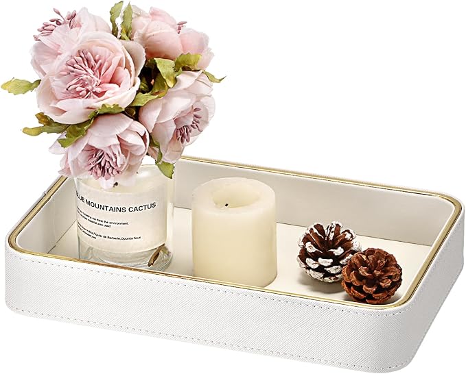 Hipiwe Decorative Perfume Tray PU Leather Valet Trays Bathroom Vanity Tray Catchall Trays Bedside Nightstand Organizer for Dresser Earrings Trinket Jewelry Holder, 9.5" x 6.1" x 1.5"