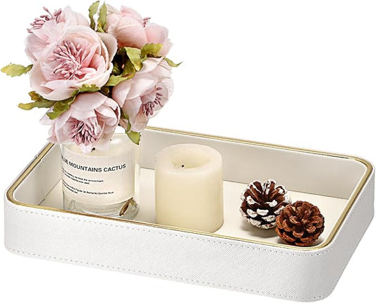 Hipiwe Decorative Perfume Tray PU Leather Valet Trays Bathroom Vanity Tray Catchall Trays Bedside Nightstand Organizer for Dresser Earrings Trinket Jewelry Holder, 9.5" x 6.1" x 1.5"
