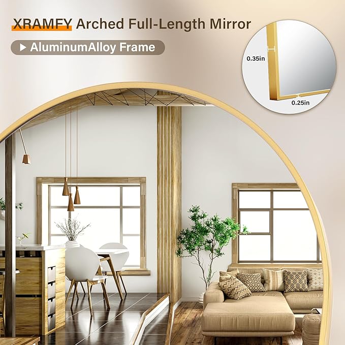 XRAMFY 86"x40" Arched Full Length Mirror Floor Mirrors with Aluminum Alloy Frame Free-Standing Wall Mounted Floor Mirrors or Large Dressing Mirror, Gold Mirror Full Length