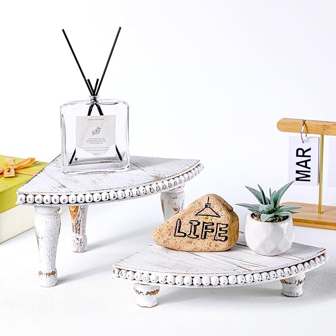 Kigley 2 Tiered Corner Riser for Kitchen Counter Wood Beaded Corner Shelf White Wash Countertop Bathroom Counter Organizer Rustic Decorative Pedestal Stand with Removable Feet for Kitchen Coffee Bar