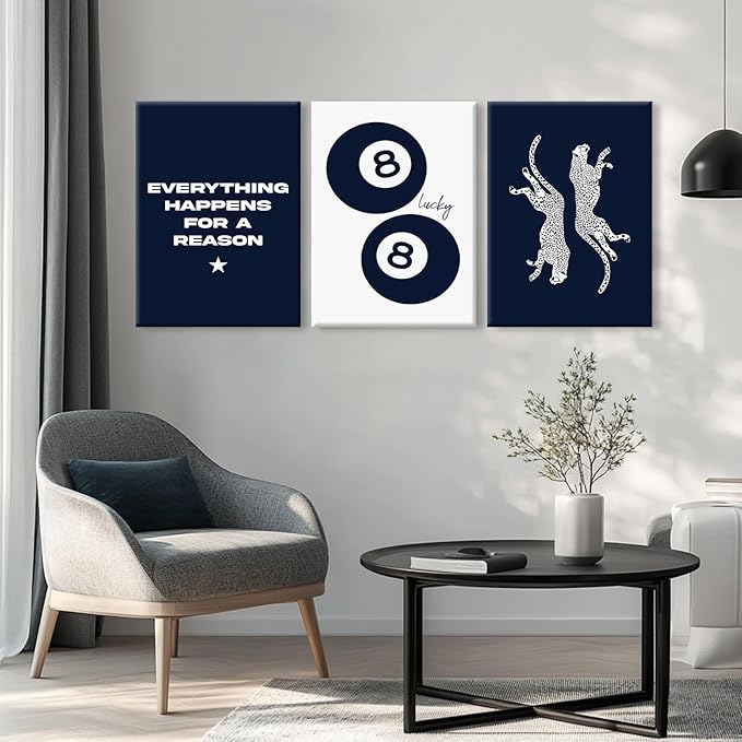 Navy Blue Leopard Wall Art Decor Cheetah Print Room Poster Trendy Preppy Canvas Wall Art Funky Aesthetic Room Decor 8 Ball Lucky Poster Y2k Stylish Artwork for Bedroom 12x16x3 Inch Wrapped Canvas