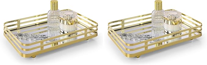 SunnyPoint Classic Decorative Vanity Perfume Dresser Jewelry Organizer Makeup Mirror Tray (Polished Gold) (Pack of 2)