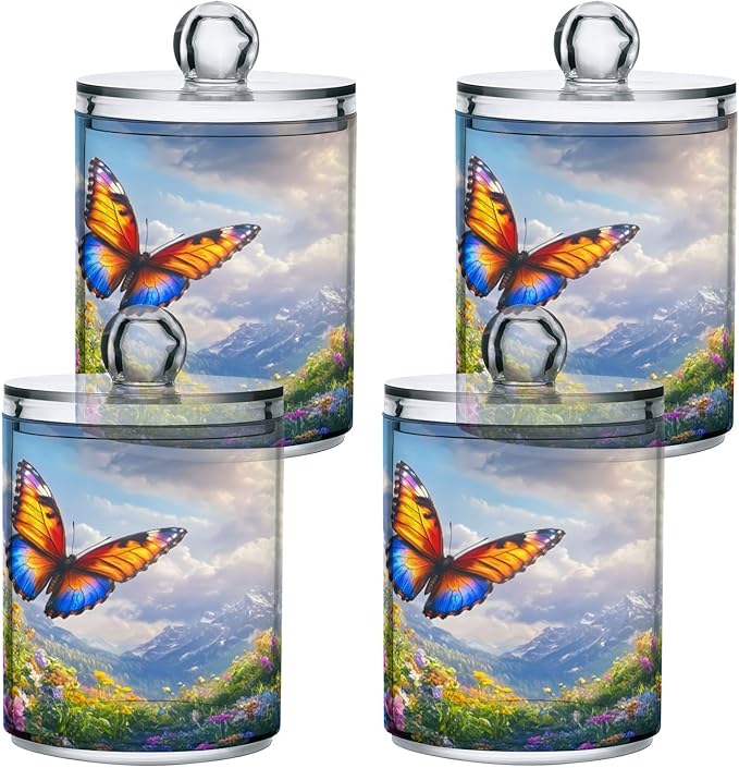 Nander 2Pack Beautiful Spring Wildflowers and Butterflies Qtip Holder Dispenser -Clear Plastic Apothecary Jars Set - Restroom Bathroom Makeup Organizers Containers for Cotton Swab, Ball, Pads, Floss