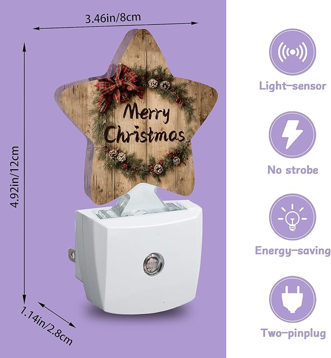Merry Christmas Nightlights Plug in Wall,Rustic Wooden Decorative Star Lamp with Automatic Lighting for Living Space,Gentle Glow for Kids Room,Hallway,Bathroom