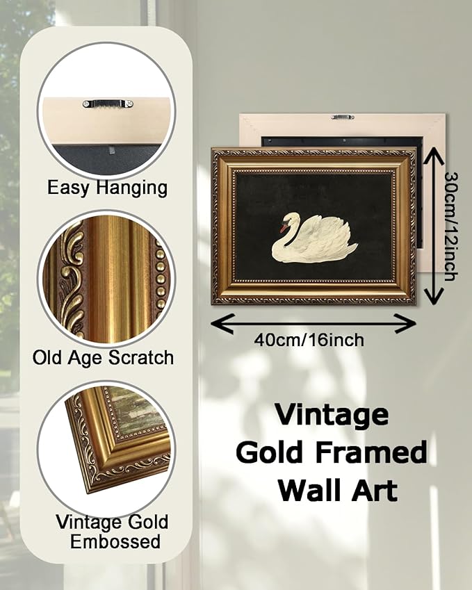KBKBART Vintage Framed Wall Art for Living Room, White Swan Vintage Painting Canvas Wall Art Prints for Bathroom Wall Decor, Classical Gold Framed Animal Vintage Wall Decor Aesthetic for Bedroom, 12’’x16’’