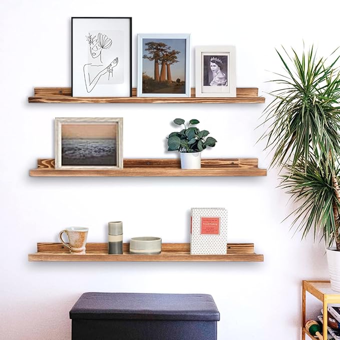 AZSKY Picture Ledge Shelf Floating Shelves for Photo Frames Kids Book Shelves Wall Mounted Burnt Display Shelf Wooden Frame Ledge 48 Inches Set of 3 Bathroom Organizer Shelves