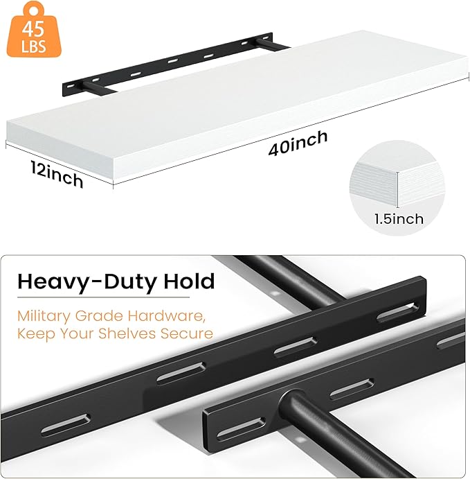 Fun Memories 40 Inch Floating Shelves, 12 Inch Deep Wall Shelves, 40 x 12 Floating Shelf Set of 2, White Wood Floating Shelf Wall Mounted, Large Kitchen Living Room Bedroom Bathroom Storage Shelves