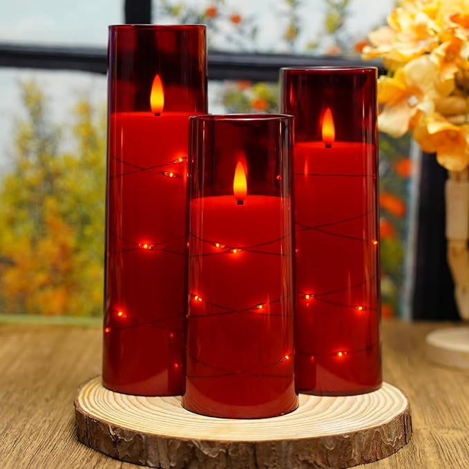 Nimiko Flickering Flameless LED Candles,Battery Operated Candles 9 Pcs with Embedded Star String,Acrylic LED Pillar Candles with Remote,Suitable for Home Decoration to Create an Atmosphere（Red）