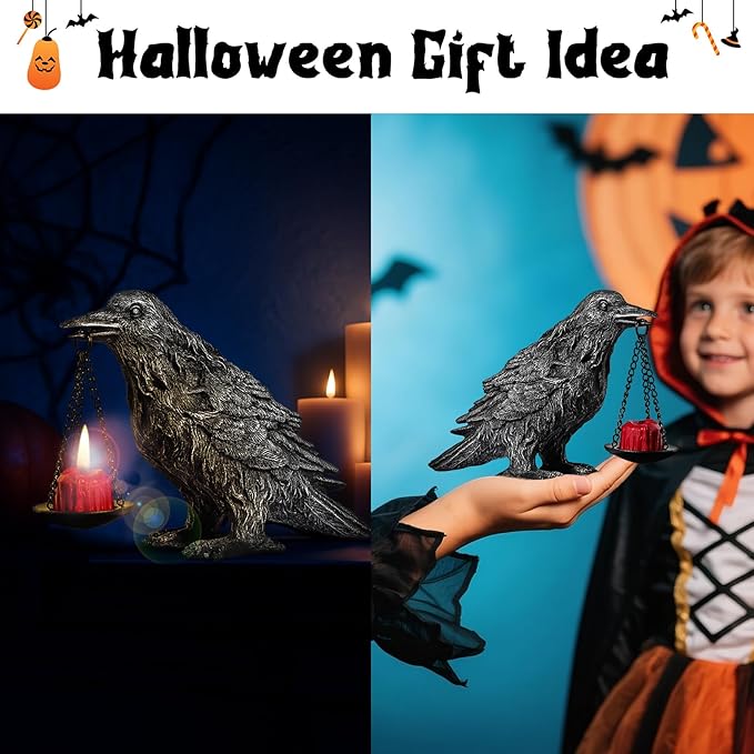 Gothic Crow Lamp with Tealight Candle Holder Resin Raven Decor Statue Gothic Home Decor for Bedroom Unique Goth Gifts Half Silver 2P