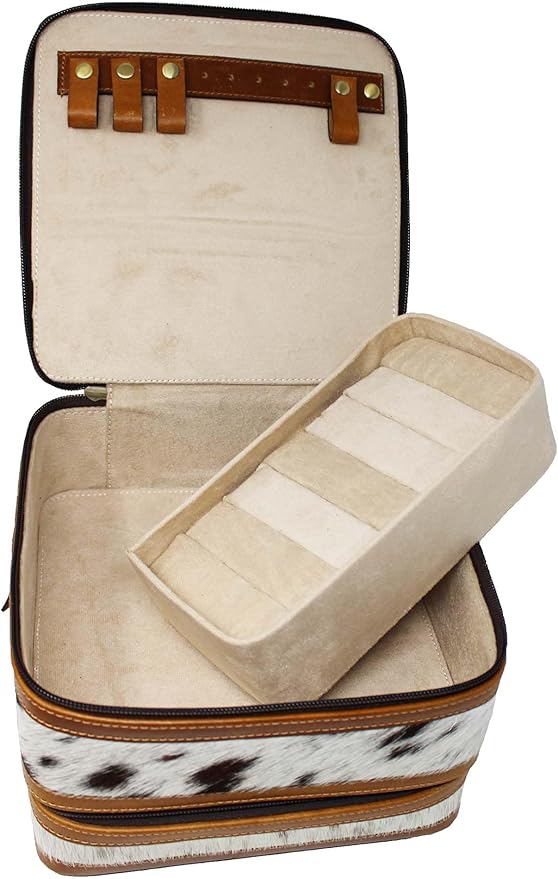 CHALLENGER Women's Western Handcrafted Deluxe Floral Tooled Cowhide Dual Jewelry Cosmetic Organizer Travel Case Box 18RSJ06