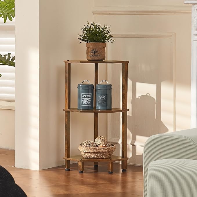 YUFAM 3-Tier Corner Shelf with Sturdy 5-Leg Base, 28in Tall Narrow Bookcase for Small Spaces, Wooden Plant Display Shelf, Thin Bookshelf for Living Room, Bedroom, Office, Brown