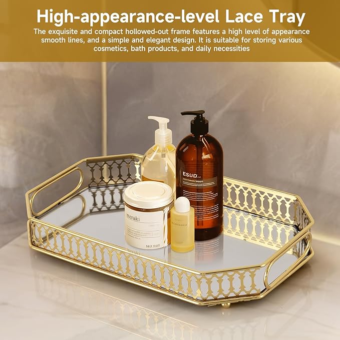 Vintage Gold Mirrored Vanity Mirror Tray Decorative Perfume and Makeup Organizer with Handles for Dresser,Bathroom or Jewelry Display(Small Size)