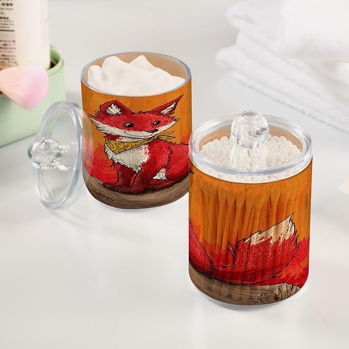 2 Pack Apothecary Jars,Sit Fox Stream Art Bathroom Vanity Storage Organizer Set,Small Clear Plastic Storage Jars Bathroom Canister for Cotton Swabs,Rounds,Balls,Qtips,Makeup Sponges