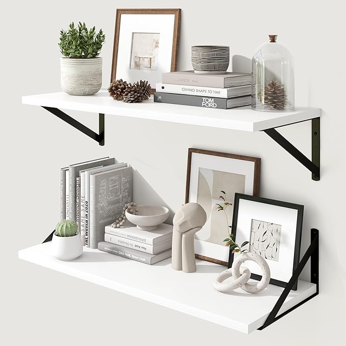 Marsmiles White Floating Shelves for Wall - 30 Inch Wide x 12 Inch Deep Wall Shelves Set of 2 - Wood Floating Shelves for Living Room Bedroom Bathroom