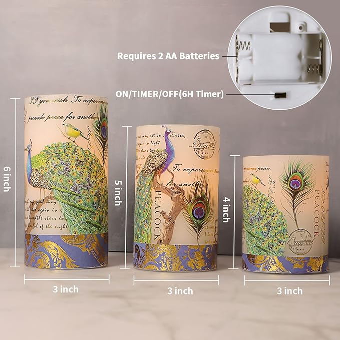Flameless Candles Peacock Decor Battery Operated Candle with Remote Real Wax Flickering LED Pillar Candle Vintage Home Decor for Spring, Summer, Wedding Decor, Mothers Day Gifts