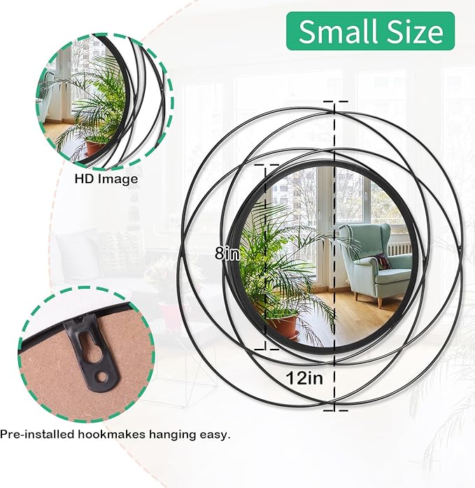 2 Set 12'' Black Circle Mirrors Wall Decor Iron Frame Wall Art Round Mirror Home Decor Hanging for Living Room Bedroom Bathroom Entryway