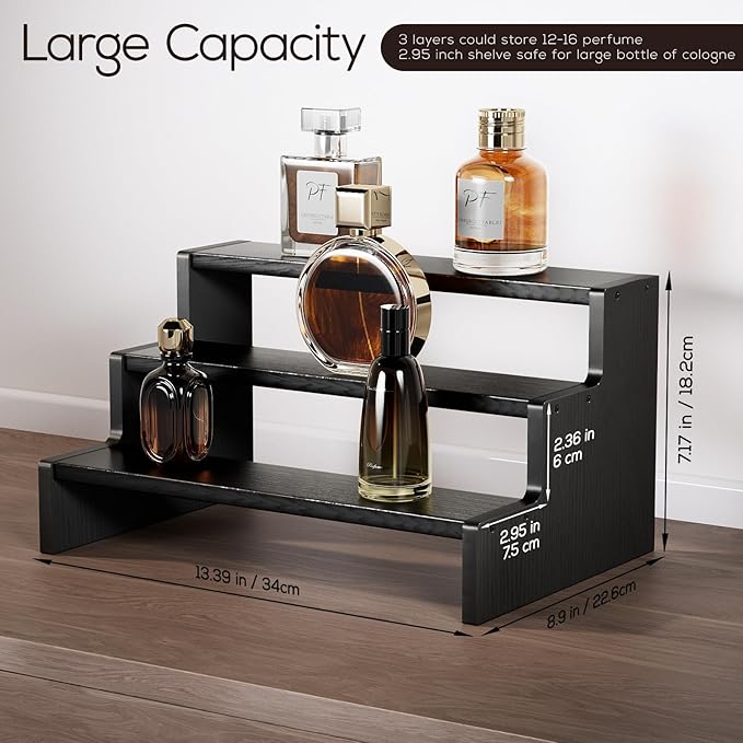 ProCase Wooden Cologne Organizer for Men, 3 Tier Perfume Organizer, Mens Cologne Stand Holder Storage, Display Riser Shelf Rack for Fragrances Candles Cosmetics Cupcake Figure Spice -Black