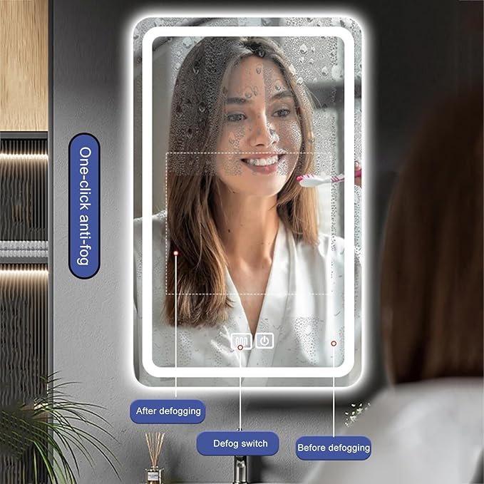Illuminated LED Bathroom Mirror,Frameless Rectangle,Wall Mounted Make Up Mirror,3 Colors Dimmable Lighting,Anti-Fog Vanity Mirror with Touch Switch, for Bathroom Living Room (Colo