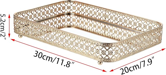 ELLDOO Perfume & Makeup Vanity Tray - Hollow-Carved Jewelry Storage, Glass & Metal Trinket Organizer for Dresser & Bathroom Countertop, Gold, Medium Size