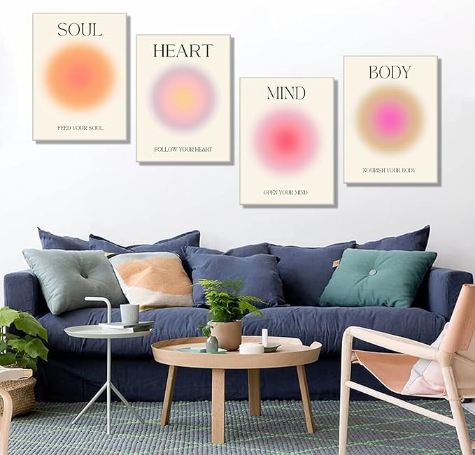 Framed Art Angel Halo Aesthetics Poster Set of 4 Pieces Colorful Aura Gradient Canvas Wall Art Spirit Soul Quote Print Painting Danish Pastel Bedroom Bathroom Yoga Wall Decor Gift for Lovers 12x16