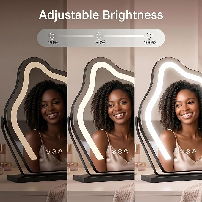 Makeup Mirror with Lights - 17″ Cloud Shaped Smart Touch 3-Color Dimmable 360° Rotation Memory Metal Frame Plug-in AC Power Tabletop Vanity Mirror Gift for Women Teen Girls Black