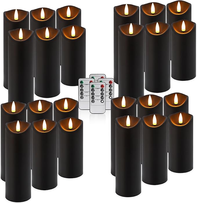 YOROXRG 24 Pack Halloween Decoration Flickering Flameless Candles, Battery Operated LED Pillar Candles with Remote Control and Timer.for Home Decor (D2.2 xH 5" 6" 7" Black)
