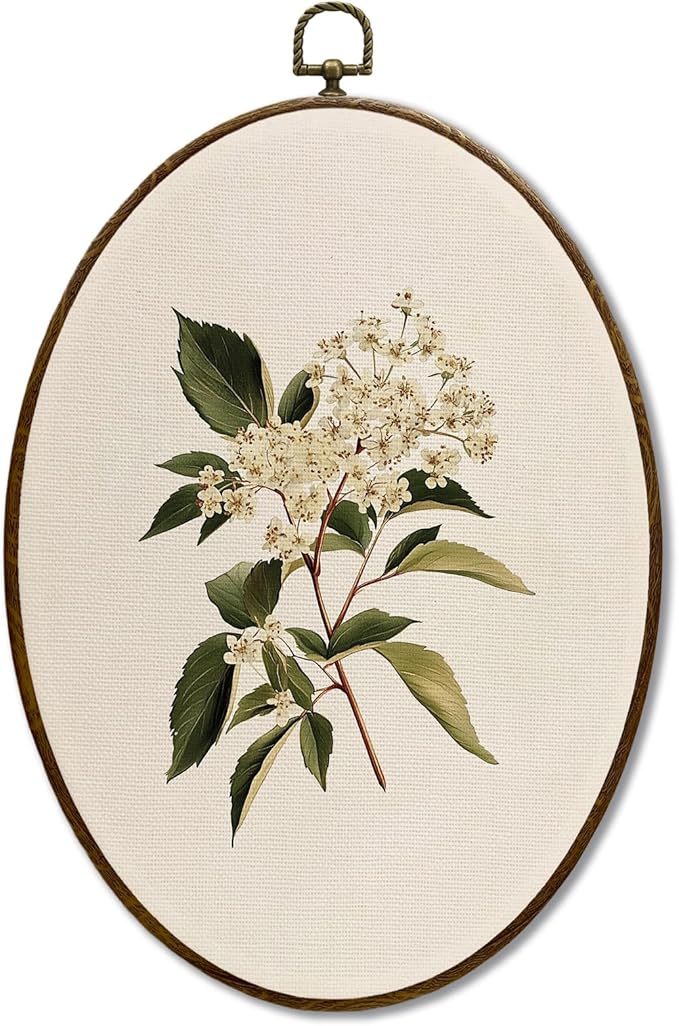 JQF Vintage Botanical Floral Oval Wall Decor, Farmhouse Cottagecore Flower Oval Canvas Wall Art, Rustic Country Floral Framed Prints Hanging Decor for Home Bedroom Living Room, 8.5x11.5 Inch