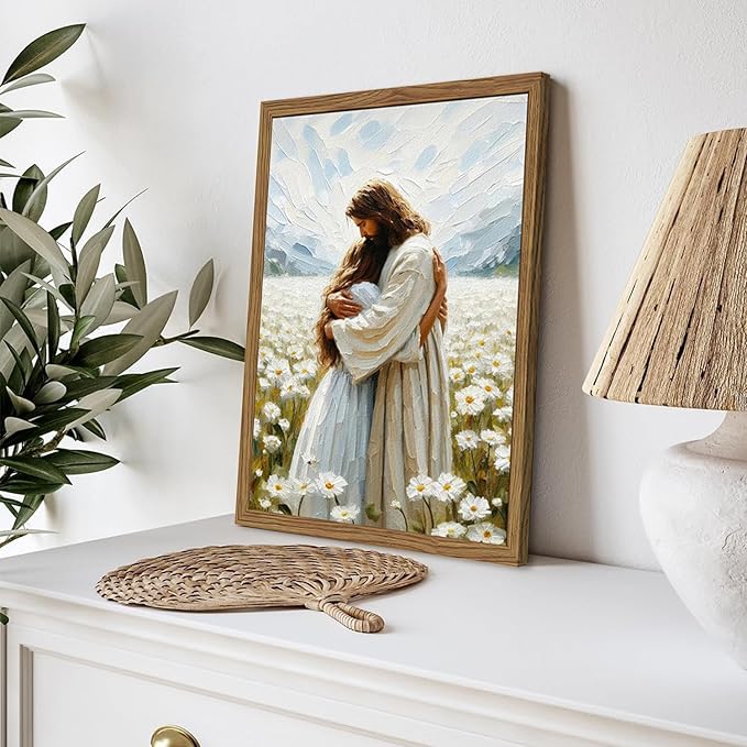 Framed 3D Textured Jesus Embracing Woman Wall Art, Jesus Hugging Woman Wall Decor Hand Drawn Sandstone Religious Christian Bible Painting Pictures for Bedroom Living Prayer Room 16x24 in Wood Framed