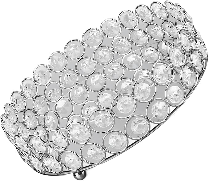 8 Inch Round Vanity Tray Mirrored Crystal Metal Display for Makeup Perfume Jewelry Organizer and Home Decor
