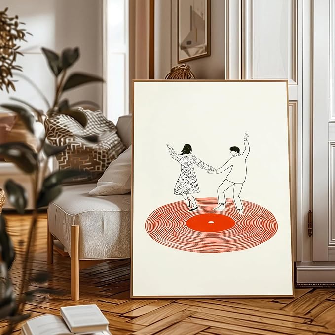 Retro Record Player Poster Vintage Vinyl Records Poster Retro Wall Art Music Dancing Couple Wall Art Print Modern Music Inspired Illustration for Home Bar or Living Room Bedroom,16x14inch Unframed
