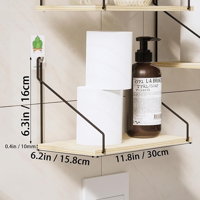 QsQueen Elevate Your Space with Rustic Wood Floating Shelves Set of 3- Perfect for Bedroom, Living Room, Bathroom, and Kitchen Decor - Easy Installation, No Drilling Needed!