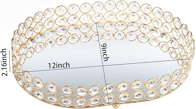 Feyarl Crystal Perfume Tray Vanity Makeup Organizer Ornate Jewelry Trinket Cosmetic Tools Decorative Skin Care Storage for Home Deco Dresser Bathroom Countertop (Oval 12" x 9") (Gold)