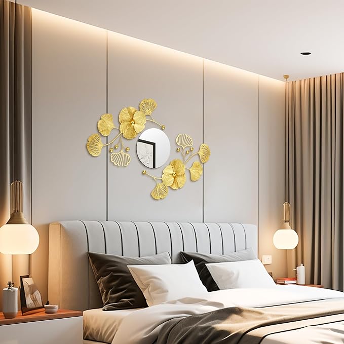 Tandefio 3 Pcs Metal Decorative Wall Mirrors for Living Room Metal Ginkgo Leaf Mirror Modern Creative Wall Decor Art Hanging Decor Mirror for Entrance Bedroom Living Room(Gold,16.inches)