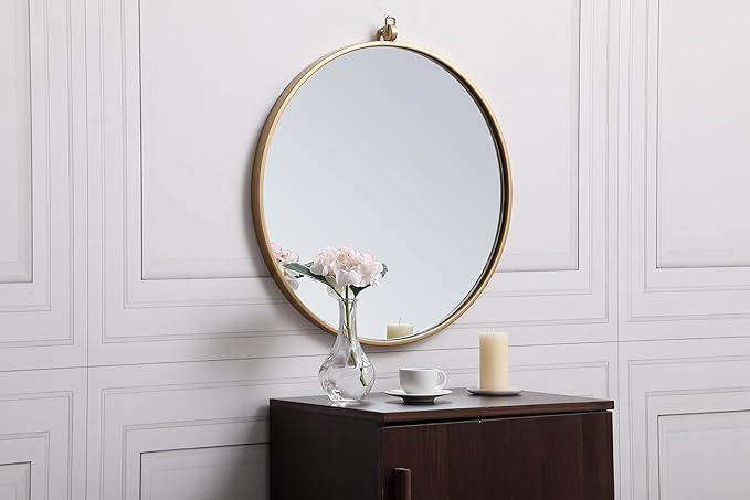 Brilliance, Metal Frame Round Mirror with Decorative Hook 21 Inch in, Midcentury Modern, Brass