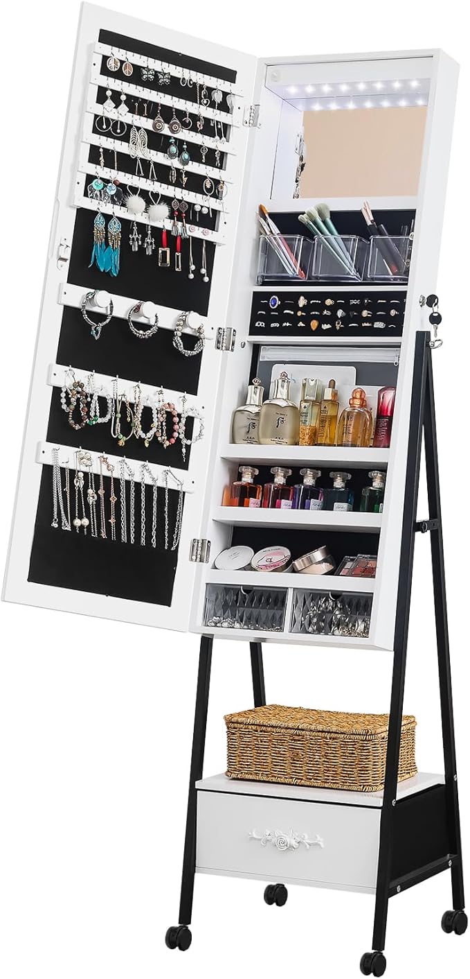 White Floor Standing Mirror Jewelry Full Mirror Armoire Cabinet, Storage Organizer w/LED Light Makeup Mirror for Bedroom Jewelry Boxes & Organizers Standing Jewelry Armoire Jewelry Cabinet 47x42x165CM
