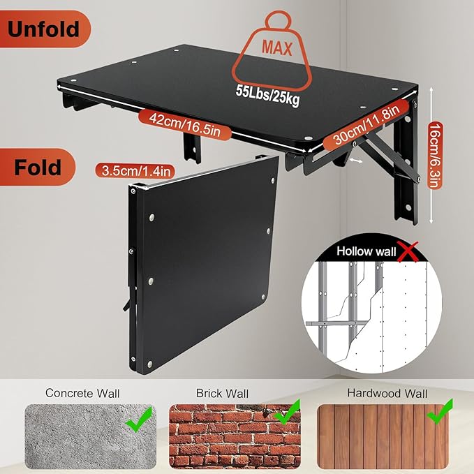 Wooden Folding Shelf Wall Mounted for Small Space, Wall Table for Living Room Bedroom Decor, Home Office Floating Fold Down Desk, Media Shelves with Heavy-Duty Brackets Holds Up to 55lbs Black