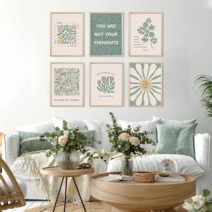 Mental Health Wall Art Therapy Office Canvas Wall Decor Green Motivational Posters Prints Boho Inspirational Quote Pictures Positive Psychology Artwork Painting for Classroom 12x16 Inch Framed 6Pcs