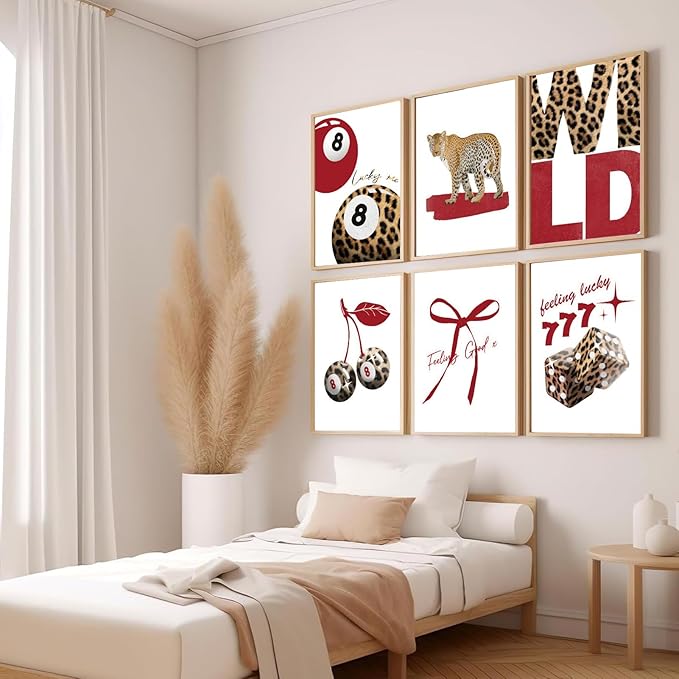 9Pcs Trendy Red Leopard Wall Art Prints Funky Lucky 8 Ball Posters Preppy Cheetah Aesthetic Wall Decor Pictures Girly Bedroom Apartment Dorm Unframed 8x10in