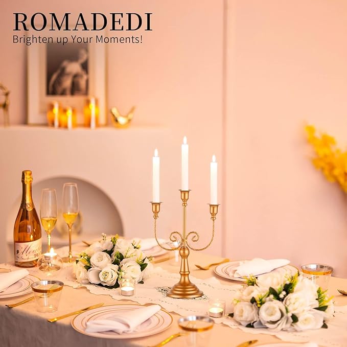 Romadedi Candelabra Gold Candle Holders - 3 Arm 11.8" Wedding Candlestick Holder for Theme Party Table Centerpiece Decor Dining Room Birthday Holiday Christmas