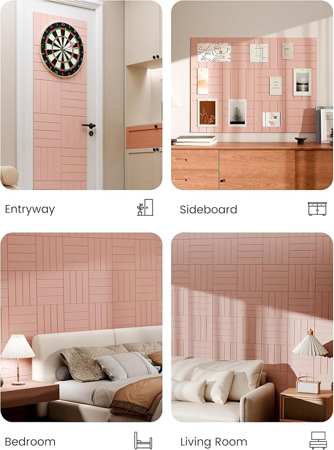 Bumusty Large Cork Board Alternative-48 x 36" Felt Bulletin Board Tiles, with 30 Pushpins, 70 Adhesive Tabs, Bold-Stripe 12-Pack, Cork Boards for Office Push Pin Board Felt Board-Pink