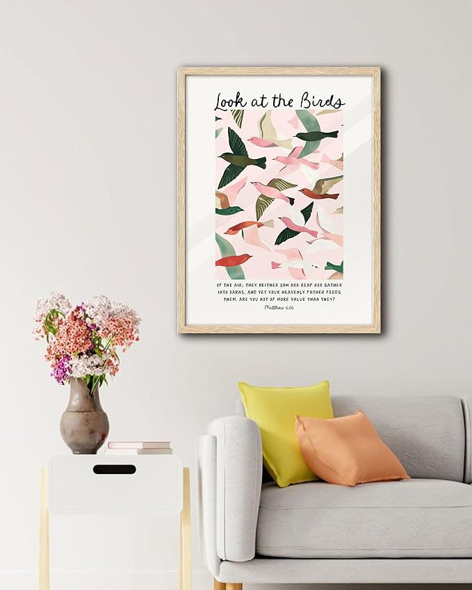 EcoHest OAK Wood Framed Wall Art, 12x16in Matthew 6 Look At the Birds of the Air Bible Verse Christian Wall Art, Modern Bedroom Decor For Living Room Bathroom Religious Gift 1Pack