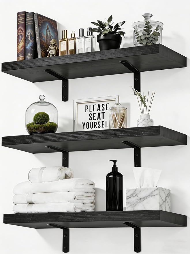 Easy Install Wall Shelves with Bracket,15.7Inch Wall Mounted Wood Floating Wall Shelves,Small Wall Shelves for Storage&Wall Decor, Living Room, Kitchen, Office,Corner Shelf for Bathroom,Set of 3,Black