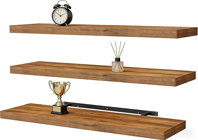 Vervida® Floating Shelves for Wall 35.4" Extra Long - Wall Shelf Bathroom Kitchen Living Room Bedroom Farmhouse Home Decor Display Bookshelf Large 35.4 x 9.3 inch Set of 3, Rustic Brown