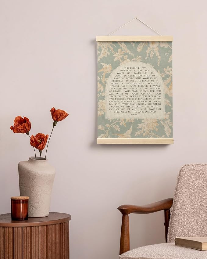 FGFK Vintage Floral Christian Psalm 23 Wall Art Poster Hanger Frame, the Lord is My Shepherd Bible Verse Canvas Prints Framed Wall Decor for Home Bedroom Living Room Church, 12x16 Inch