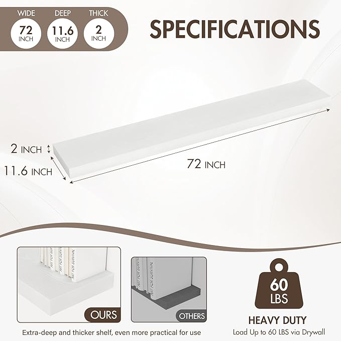 Acovy 72 Inch Floating Shelves, 12" Deep Floating Shelf Wall Mounted, 72" Wall Shelves, Rustic Deep Bookshelf, Extra Deeper & Thicker Display Shelves for Bedroom, Living Room, White, Set of 1